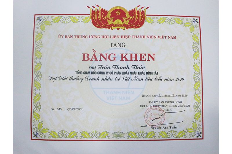 Bà Trần Thanh Thảo – CEO BITEX suất sắc trở thành Doanh nhân trẻ Việt Nam tiêu biểu 2019