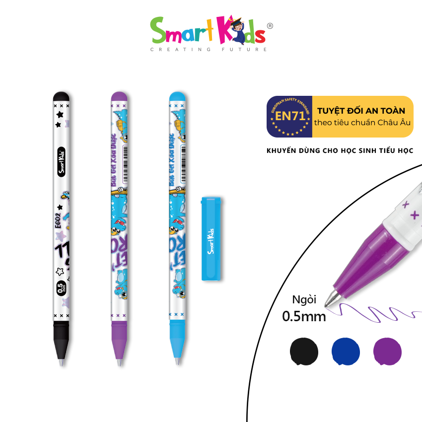 Bút gel xóa được Smartkids Dino EG02 ngòi 0.5mm mực tím| đen| xanh